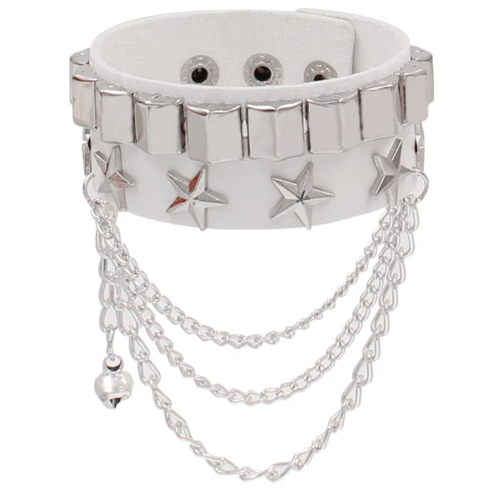 White and Silver Star Chain Leather Bracelet - Cute Goth Punk Rocker Biker Cuff